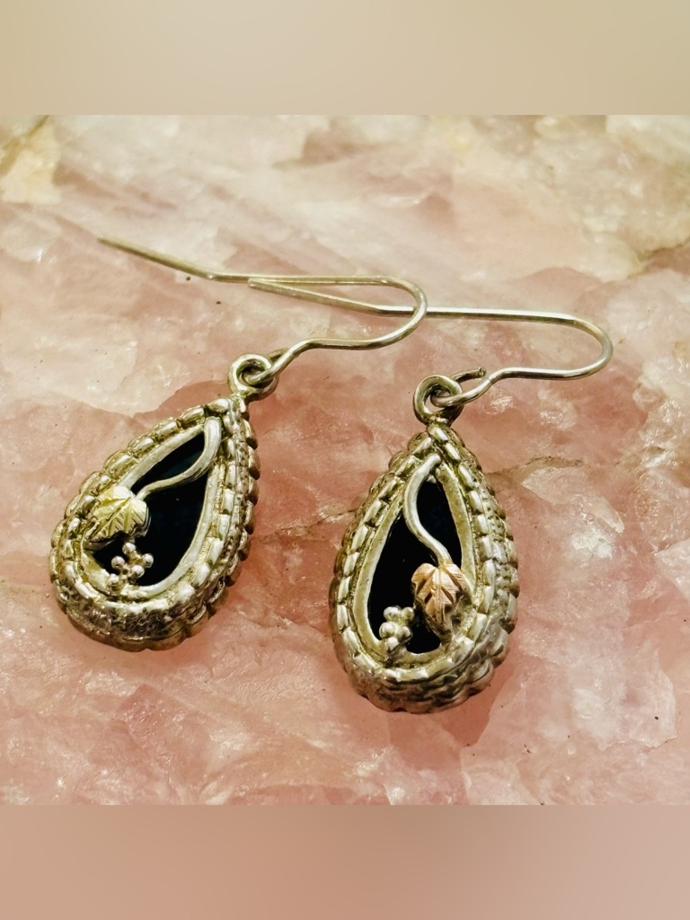10k Black Hills Gold on Sterling Silver Black Onyx Teardrop Earrings